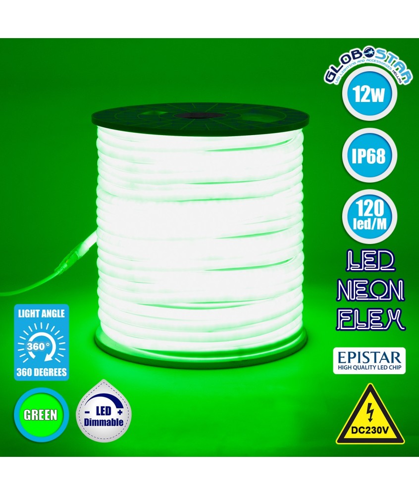 GLOBOSTAR® NEOTUBE 70594 Ταινία Neon Flex LED 12W-m 600lm-m 360° DC 220-240V Αδιάβροχο IP65 120 x SMD2835 Chip-m Πράσινο Dimmable - Sanan SMD Chip - Μ100 x Π1.3 x Υ1.3cm - 3 Χρόνια Εγγύηση
